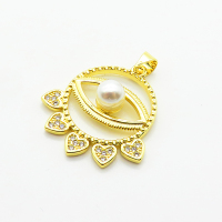 Brass Micro Pave Cubic Zirconia Pendants,with Plastic Imitation Pearls,Eyes,Heart,Plated Gold,24mm,Hole:2mm,about 2.8g/pc,5 pcs/package,XFPC06777aajl-L002