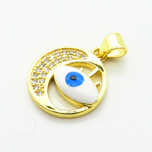 Brass Micro Pave Cubic Zirconia Pendants,with Enamel,Round,Devil's Eye,Plated Gold,15mm,Hole:2mm,about 1.8g/pc,5 pcs/package,XFPC06780vail-L002