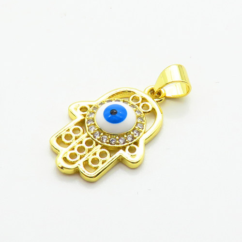 Brass Micro Pave Cubic Zirconia Pendants,with Enamel,Hamsa Hand/Hand of Fatima/Hand of Miriam,Devil's Eye,Plated Gold,17x14mm,Hole:2mm,about 1.4g/pc,5 pcs/package,XFPC06804avja-L002