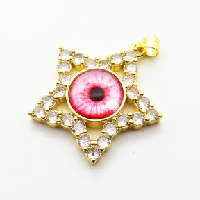 Brass Micro Pave Cubic Zirconia Pendants,with Resin,Star,Devil's Eye,Plated Gold,Mixed Color,28mm,Hole:2mm,about 7.8g/pc,5 pcs/package,XFPC06818baka-L002