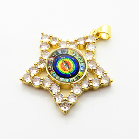 Brass Micro Pave Cubic Zirconia Pendants,with Resin,Star,Devil's Eye,Plated Gold,Mixed Color,28mm,Hole:2mm,about 7.8g/pc,5 pcs/package,XFPC06818baka-L002