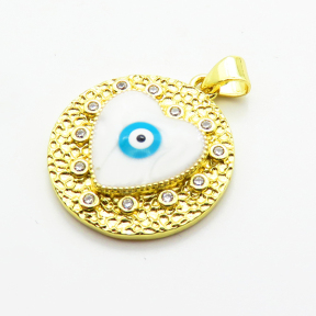 Brass Micro Pave Cubic Zirconia Pendants,with Enamel,Round,Heart,Devil's Eye,Plated Gold,Mixed Color,22mm,Hole:2mm,about 4.2g/pc,5 pcs/package,XFPC06834aajl-L002