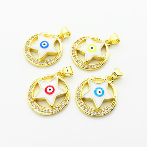 Brass Micro Pave Cubic Zirconia Pendants,with Enamel,Round,Star,Devil's Eye,Plated Gold,Mixed Color,18mm,Hole:2mm,about 2.5g/pc,5 pcs/package,XFPC06861avja-L002