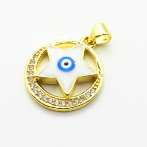 Brass Micro Pave Cubic Zirconia Pendants,with Enamel,Round,Star,Devil's Eye,Plated Gold,Mixed Color,18mm,Hole:2mm,about 2.5g/pc,5 pcs/package,XFPC06861avja-L002