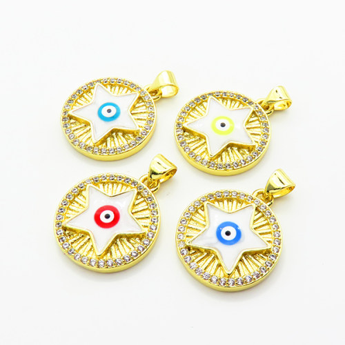 Brass Micro Pave Cubic Zirconia Pendants,with Enamel,Round,Star,Devil's Eye,Plated Gold,Mixed Color,18mm,Hole:2mm,about 3.2g/pc,5 pcs/package,XFPC06870aajl-L002