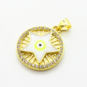 Brass Micro Pave Cubic Zirconia Pendants,with Enamel,Round,Star,Devil's Eye,Plated Gold,Mixed Color,18mm,Hole:2mm,about 3.2g/pc,5 pcs/package,XFPC06870aajl-L002