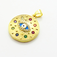 Brass Micro Pave Cubic Zirconia Pendants,with Enamel,Round,Devil's Eye,Plated Gold,20mm,Hole:2mm,about 5.2g/pc,5 pcs/package,XFPC06888aajl-L002