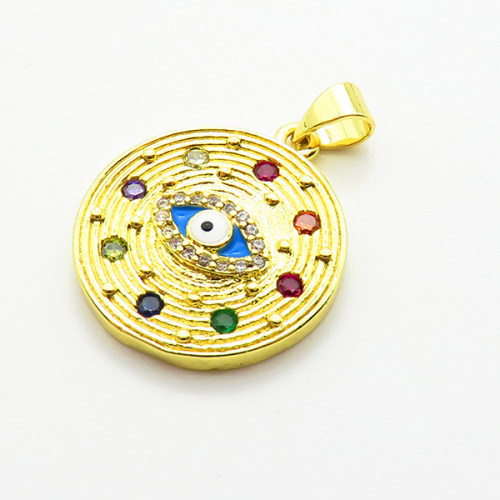 Brass Micro Pave Cubic Zirconia Pendants,with Enamel,Round,Devil's Eye,Plated Gold,20mm,Hole:2mm,about 5.2g/pc,5 pcs/package,XFPC06888aajl-L002