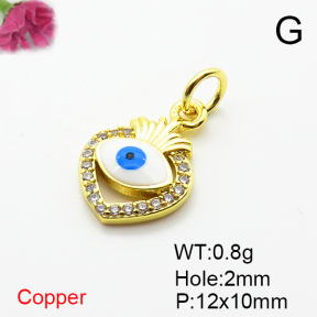 Brass Micro Pave Cubic Zirconia Pendants,with Enamel,Devil's Eye,Plated Gold,12x10mm,Hole:2mm,about 0.8g/pc,5 pcs/package,XFPC06900vaia-L002