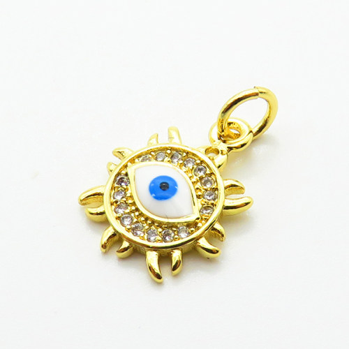 Brass Micro Pave Cubic Zirconia Pendants,with Enamel,Sun,Devil's Eye,Plated Gold,12mm,Hole:2mm,about 0.9g/pc,5 pcs/package,XFPC06903vaia-L002