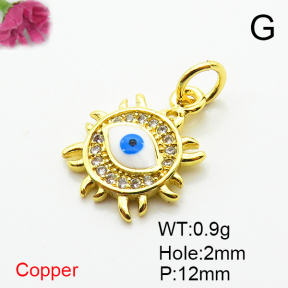 Brass Micro Pave Cubic Zirconia Pendants,with Enamel,Sun,Devil's Eye,Plated Gold,12mm,Hole:2mm,about 0.9g/pc,5 pcs/package,XFPC06903vaia-L002