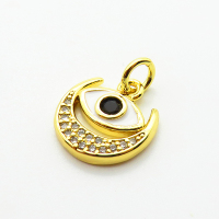 Brass Micro Pave Cubic Zirconia Pendants,with Enamel,Moon,Devil's Eye,Plated Gold,11x13mm,Hole:2mm,about 1.2g/pc,5 pcs/package,XFPC06906vaia-L002