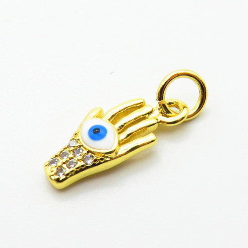 Brass Micro Pave Cubic Zirconia Pendants,with Enamel,Hamsa Hand/Hand of Fatima/Hand of Miriam,Devil's Eye,Plated Gold,12x7mm,Hole:2mm,about 0.6g/pc,5 pcs/package,XFPC06918vaia-L002