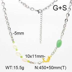 Natural Cultured Freshwater Pearls,Pickaxe Stone,Green Aventurine  SS Necklace  7N4000061ahlv-908
