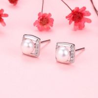 Natural Pearl  Zircon  Square  925 Silver Earrings  6.5mm  JE0881bhih-Y07  E-820