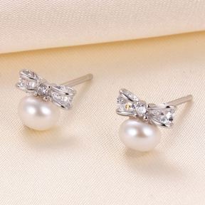 Natural Pearl  Zircon  Bow Tie  925 Silver Earrings  7*6mm  JE0889bhbi-Y07  E-859