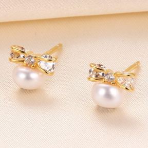 Natural Pearl  Zircon  Bow Tie  925 Silver Earrings  7*6mm  JE0890bhbi-Y07  E-859