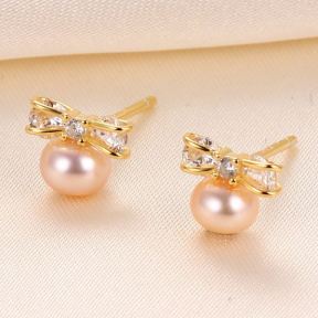 Natural Pearl  Zircon  Bow Tie  925 Silver Earrings  7*6mm  JE0892bhbi-Y07  E-859