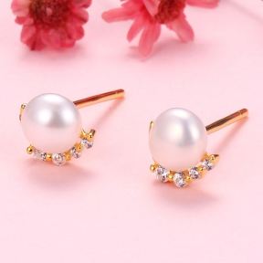 Natural Pearl  Zircon  Half Ring  925 Silver Earrings  6.5*6mm  JE0906bbpj-Y07  E-842