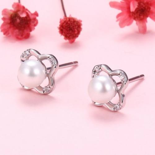 Natural Pearl  Zircon  Four-Leaf Clover  925 Silver Earrings  8mm  JE0909vhhl-Y07  E-837