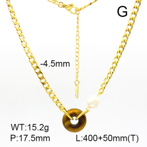 Tiger Eye & Cultured Freshwater Pearls,Handmade Polished  Ring  Stainless Steel Necklace  7N4000126ahlv-066