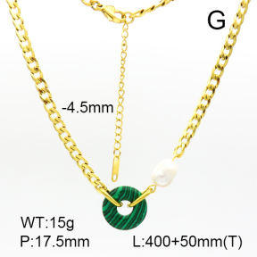 Malachite & Cultured Freshwater Pearls,Handmade Polished  Ring  Stainless Steel Necklace  7N4000128ahlv-066