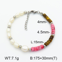Tiger Eye & Rhodochrosite & Cultured Freshwater Pearls  Stainless Steel Bracelet