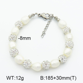 Rhinestone Clay Pave Beads & Cultured Freshwater Pearls  Stainless Steel Bracelet  7B3000079vhkb-908