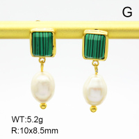 Malachite & Cultured Freshwater Pearls,Handmade Polished  Rectangle  Stainless Steel Earrings  7E3000016vhkb-066
