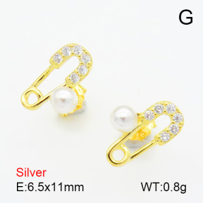 Plastic Imitation Pearls & Zircon  Paper Clip  925 Silver Earrings  JUSE70125bbpp-925