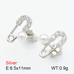 Plastic Imitation Pearls & Zircon  Paper Clip  925 Silver Earrings  JUSE70126bbpp-925