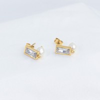 Cultured Freshwater Pearls & Zircon,Handmade Polished  Rectangle  PVD Vacuum plating gold  WT:3g  E:12x7mm  304 Stainless Steel Earrings  GEE000147vhha-066
