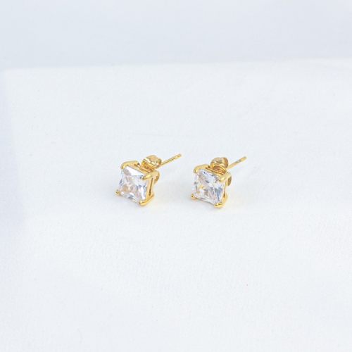 Zircon,Handmade Polished  Square  PVD Vacuum plating gold  WT:2.5g  E:8mm  316 Stainless Steel Earrings  GEE000151bbov-066