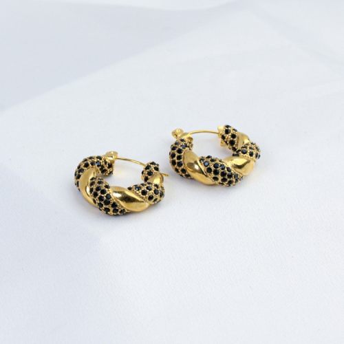 Czech Stones,Handmade Polished  Twisted Ring  PVD Vacuum plating gold  WT:17.8g  E:24mm  316 Stainless Steel Earrings  GEE000163vhkb-066