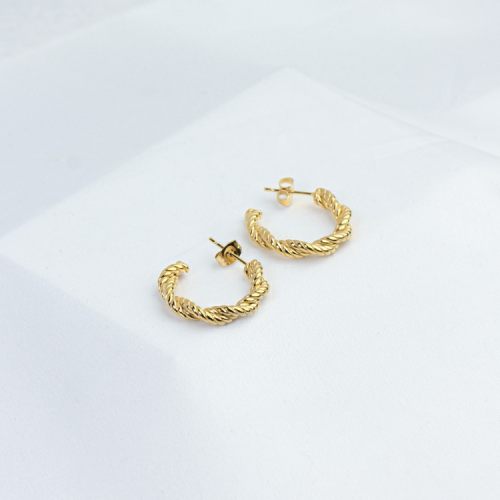 Handmade Polished  Twisted Half Ring  PVD Vacuum plating gold  WT:6.4g  E:25mm  316 Stainless Steel Earrings  GEE000173bhva-066