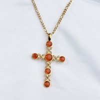 Czech Stones & Cat Eye Stone,Handmade Polished  Cross  PVD Vacuum plating gold  WT:13.4g  P:53x38mm N:400x3mm  316 Stainless Steel Necklace  GEN000213vhkb-066