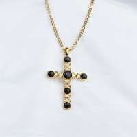 Czech Stones & Cat Eye Stone,Handmade Polished  Cross  PVD Vacuum plating gold  WT:13.4g  P:53x38mm N:400x3mm  316 Stainless Steel Necklace  GEN000214vhkb-066