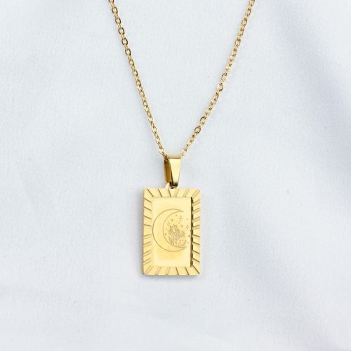 Handmade Polished  Rectangle & Moon  PVD Vacuum plating gold  WT:4g  P:19x13mm N:400x1.5mm  304 Stainless Steel Necklace  GEN000218bhva-066