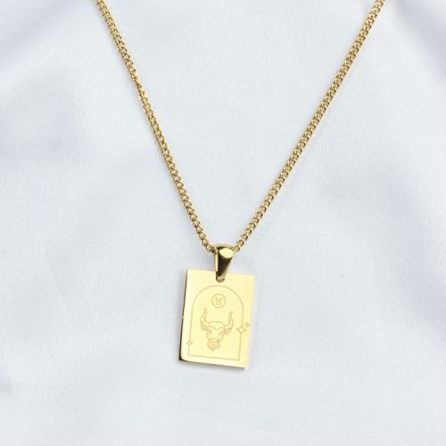 Handmade Polished  Rectangle & Bull Head  PVD Vacuum plating gold  WT:6.5g  P:19x14mm N:450x2mm  304 Stainless Steel Necklace  GEN000220bhva-066