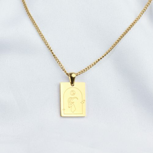 Handmade Polished  Rectangle & Sheep Head  PVD Vacuum plating gold  WT:6.5g  P:19x14mm N:450x2mm  304 Stainless Steel Necklace  GEN000221bhva-066