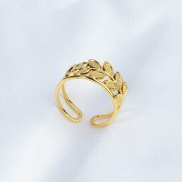 Handmade Polished  Leaf  PVD Vacuum plating gold  WT:1.9g  R:10mm  304 Stainless Steel Ring  GER000273bbov-066