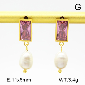 Cultured Freshwater Pearls & Zircon,Handmade Polished  Rectangle  Stainless Steel Earrings  7E4000096vhha-066