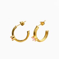 Zircon,Handmade Polished  Half Hoop  PVD Vacuum plating gold  Pink  Stainless Steel Earrings  E:19mm D:5mm  GEE000214vhha-066
