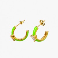 Enamel & Zircon,Handmade Polished  Half Hoop  PVD Vacuum plating gold  Yellow-Green  Stainless Steel Earrings  E:18mm W:7mm  GEE000216bhia-066