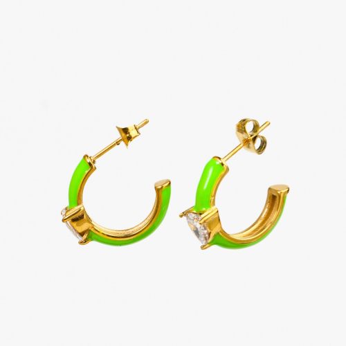 Enamel & Zircon,Handmade Polished  Half Hoop  PVD Vacuum plating gold  Yellow-Green  Stainless Steel Earrings  E:18mm W:7mm  GEE000216bhia-066