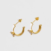 Enamel & Zircon,Handmade Polished  Half Hoop  PVD Vacuum plating gold  White  Stainless Steel Earrings  E:18mm W:7mm  GEE000217bhia-066
