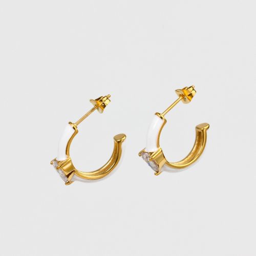Enamel & Zircon,Handmade Polished  Half Hoop  PVD Vacuum plating gold  White  Stainless Steel Earrings  E:18mm W:7mm  GEE000217bhia-066