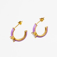 Enamel & Zircon,Handmade Polished  Half Hoop  PVD Vacuum plating gold  Purple  Stainless Steel Earrings  E:18mm W:7mm  GEE000218bhia-066