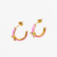 Enamel & Zircon,Handmade Polished  Half Hoop  PVD Vacuum plating gold  Pink  Stainless Steel Earrings  E:18mm W:7mm  GEE000219bhia-066