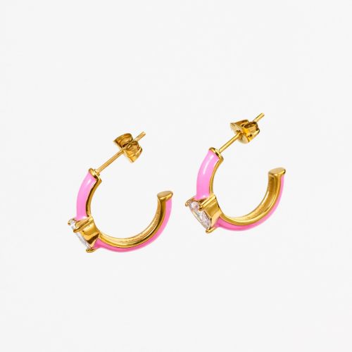Enamel & Zircon,Handmade Polished  Half Hoop  PVD Vacuum plating gold  Pink  Stainless Steel Earrings  E:18mm W:7mm  GEE000219bhia-066